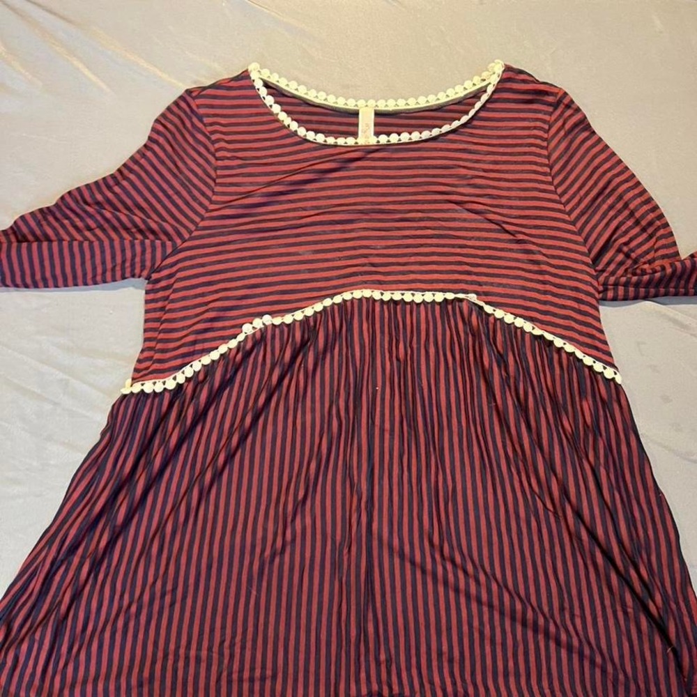 My Story Womens Large Striped Babydoll Top‎ Red Navy Blue Pom Pom Trim MY28597-2